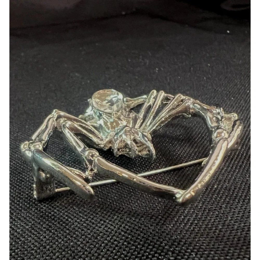 Large Silver‎ Tone Spider Brooch Clear Rhinestone Statement Halloween Gothic